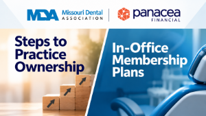Promotional graphic for two November dental CE webinars: Steps to Practice Ownership and In-Office Membership Plans, featuring MDA and Panacea Financial logos.